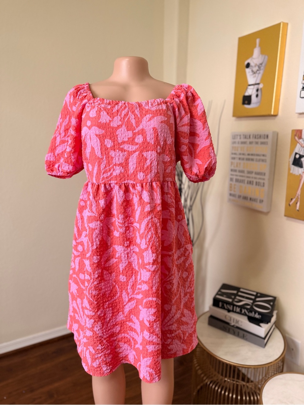 Time and Tru Pink and Coral Floral Smocked Puff-Sleeve Dress